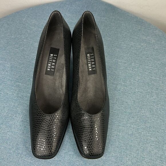 Stuart Weitzman Black Snakeskin Embossed Square Toe Block Heeled Slip On Pumps - Picture 2 of 11